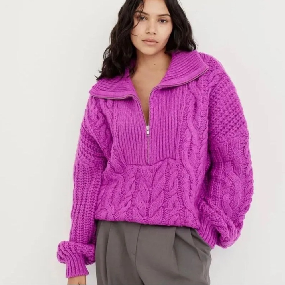 For Love And Lemons Andi Zip Neck Cable Knit Quarter Zip Sweater, Fuchsia, XL